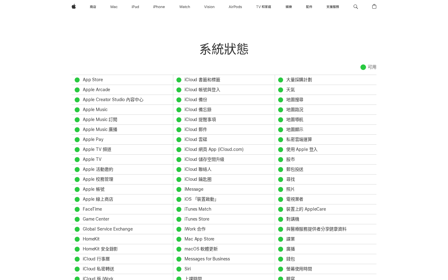 Apple 系統狀態頁面實拍（確認 iCloud 備份服務狀態）