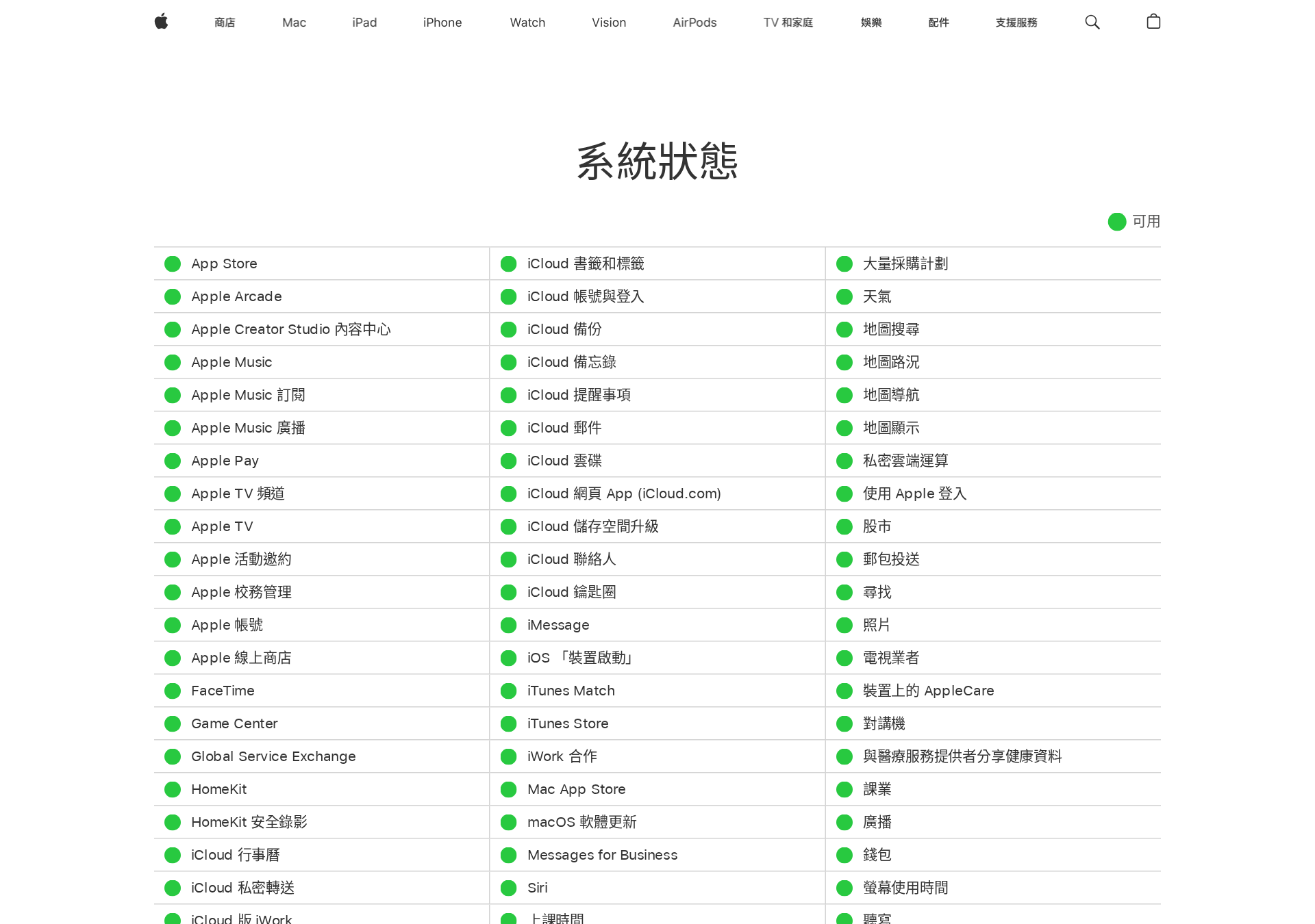 Apple 系統狀態頁（apple.com/tw/support/systemstatus/）截圖