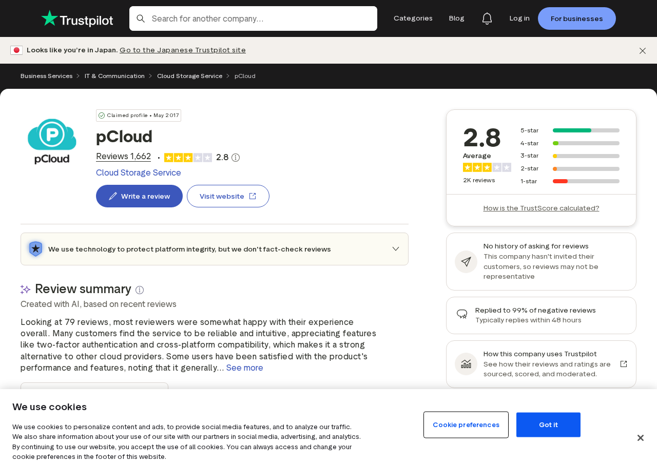 Trustpilot pCloud 評分頁面(2026-06-21 截圖)