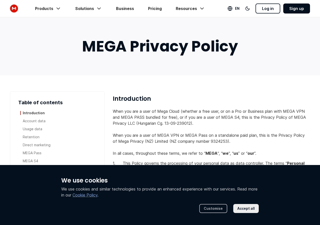 MEGA 官方隱私政策頁（mega.io/privacy）