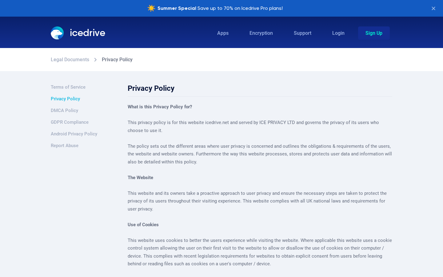 Icedrive 隱私政策頁(2026-06-23 Playwright 實拍)・右上角可見 ICE PRIVACY LTD 字樣